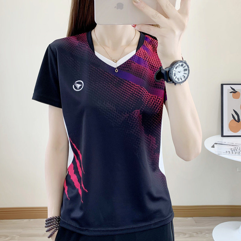 速干T恤女夏户外弹力透气吸汗羽毛球服跑步健身显瘦V领快干短袖男