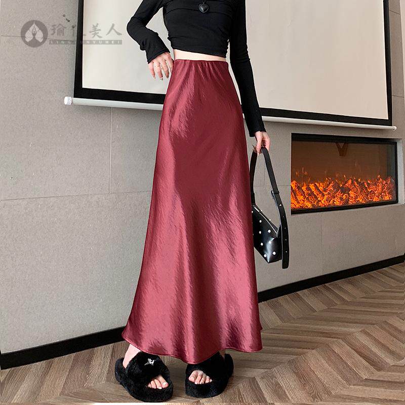 法式重磅醋酸缎面高腰显瘦A字女