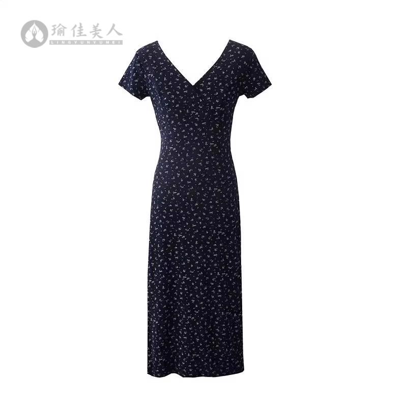 夏季新款法式复古小碎花V领修身