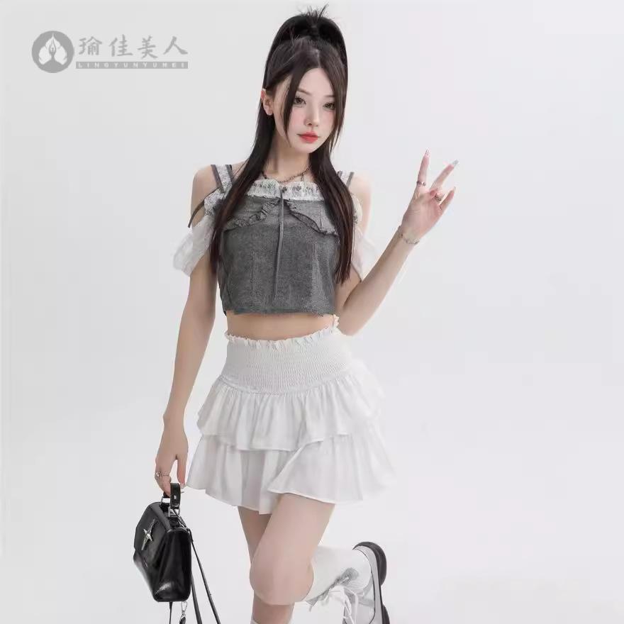 白色蓬蓬蛋糕裙高腰束腰显瘦缎面