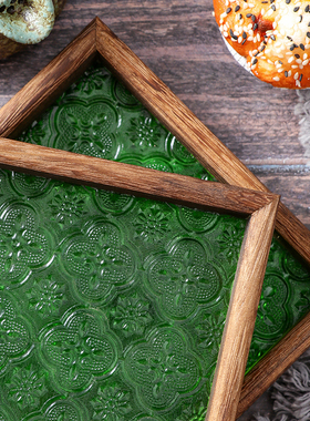 日式复古绿色海棠压花玻璃茶托盘实木长方形收纳平盘摄影道具摆件
