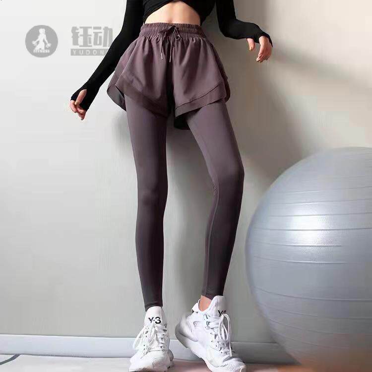 假两件瑜伽长裤女口袋弹力紧身速干透气健身房晨跑步运动训练裤