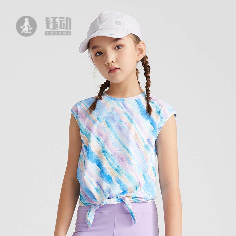 女童瑜伽服背心夏季新款袖干湿两穿速干运动打结健身上衣
