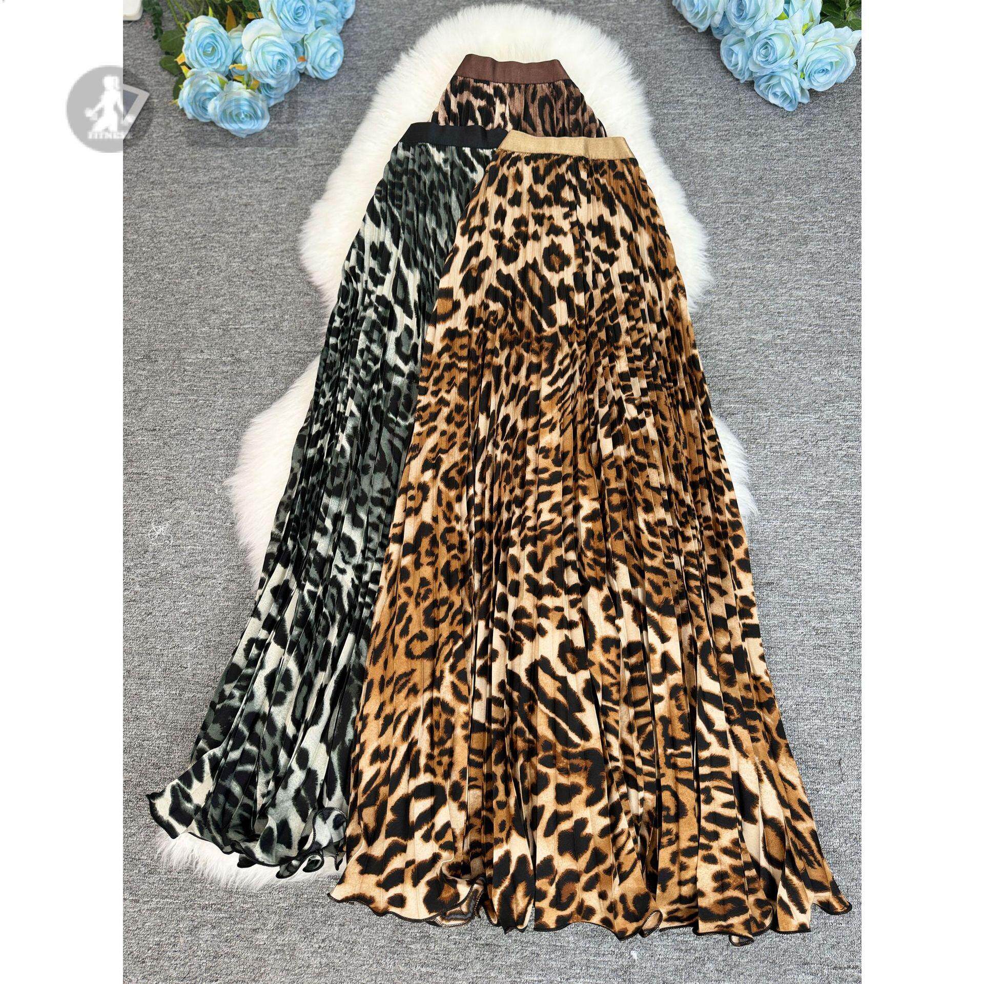 95m夏季南非北美豹纹半身裙经典百搭显瘦百褶裙长款裙子女