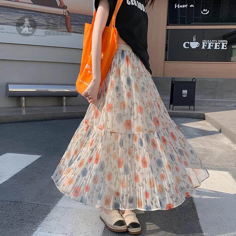 气质碎花网纱裙拼接半身裙女通勤百搭高腰显瘦中长款A字大摆长裙