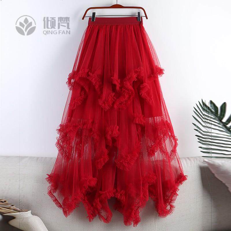 不规则中长款网纱裙女装大码小众特色A字加大加肥妹妹半身裙