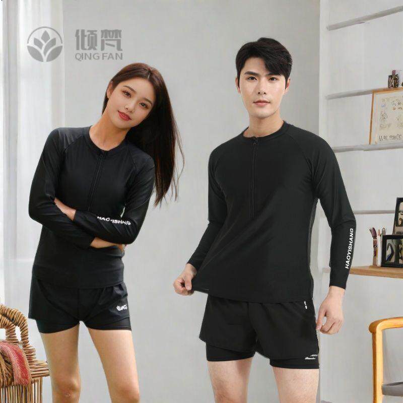 显瘦纯黑男士泳衣泳裤套装情侣分体长袖防晒女士大码游泳装