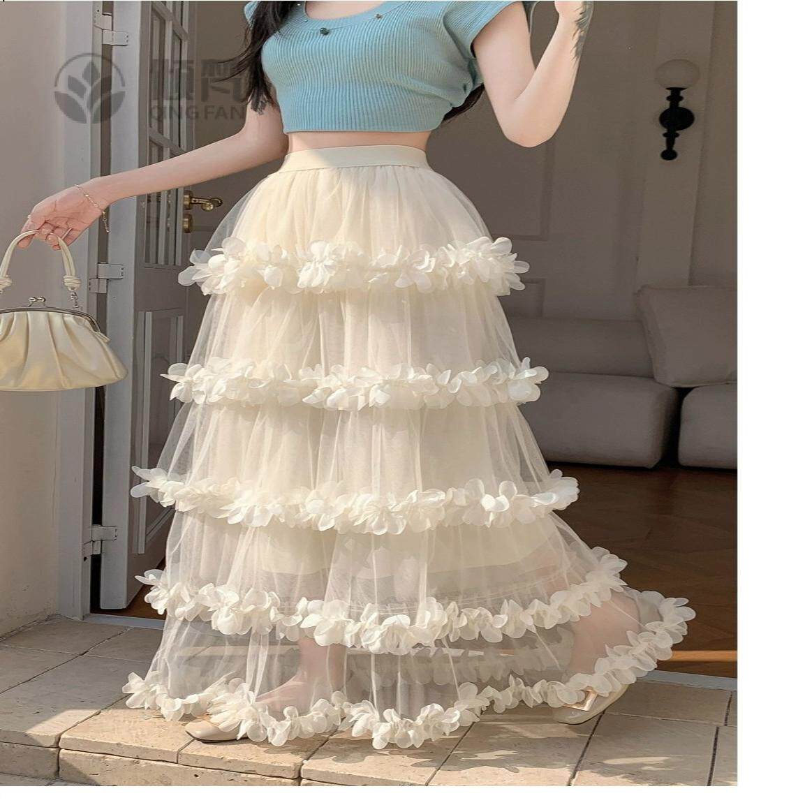 半身裙女春夏季新款白色花瓣蛋糕半裙设计感蛋糕裙长款伞裙子