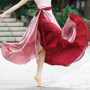 中国古典现代民族舞蹈练功服裙子表演出服装飘逸绑带双色大摆长裙