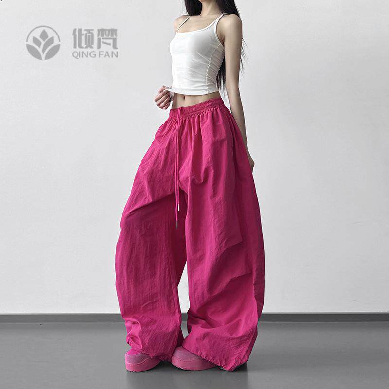 玫红色阔腿裤女2026春装新款独特宽松拖地裤子高个子慵懒风休闲裤