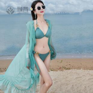 甜过初恋比基尼分体游泳衣女三件套长袖罩衫度假沙滩装