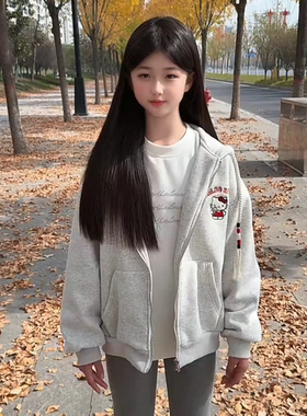 Kitty猫连帽卫衣外套2025秋冬新款今年流行灰色宽松开衫女童秋装