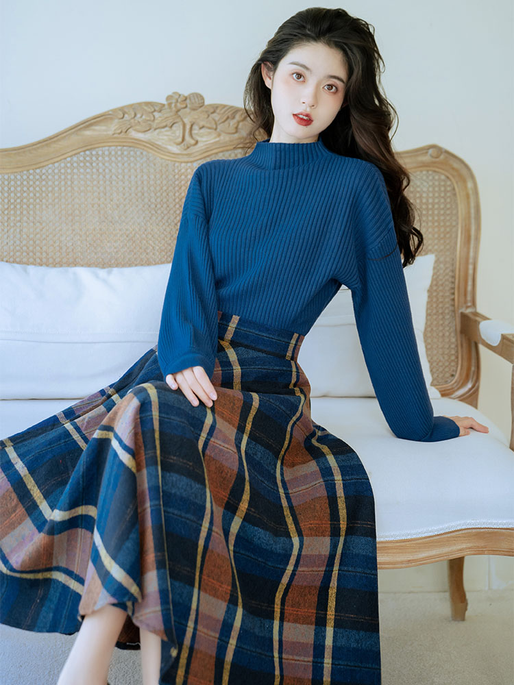 摩登穿搭针织上衣配格子毛呢半身裙2025女新款秋款女装复古文艺冬