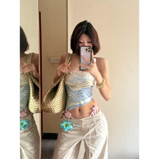 纯欲印花抹胸背心女夏季外穿法式气质修身设计感露背辣妹无袖上衣