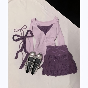 法式 新款 纯欲甜辣妹假两件上衣设计感高腰蓬蓬半裙两件套制服