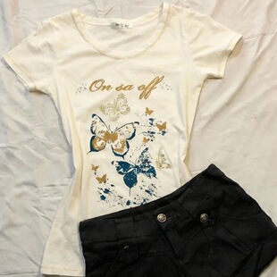 夏季新款印花正肩短袖T恤女vintage古着修身收腰显瘦百搭休闲上衣