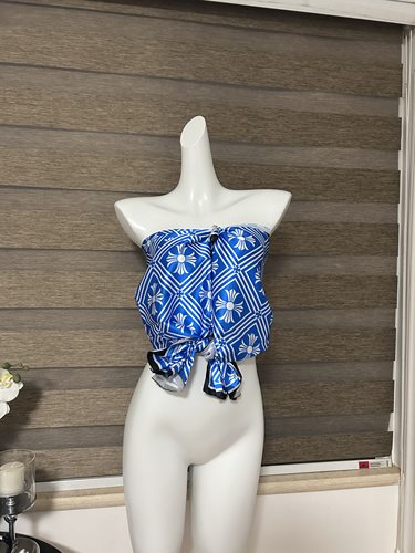 古着感蓝色印花不规则抹胸上衣女夏季新款修身显瘦百搭十字架短款