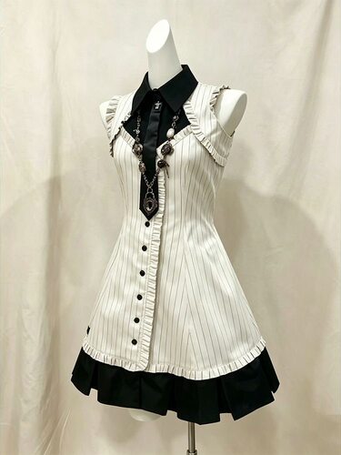 【中古之约】夏季古着复刻衬衫领背心裙条纹小个子无袖连衣裙新款