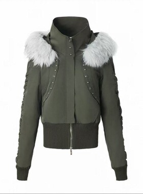 Y2K亚文化黑色毛领连帽棉服女冬季加厚收腰短款派克服外套视觉系