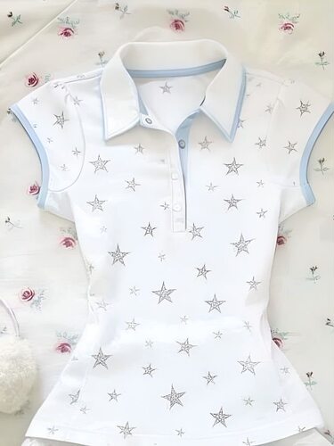 JinYi 韩系设计星星印花Polo领短袖T恤女修身时尚百搭小个子上衣
