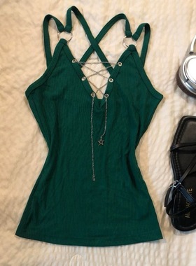 大码千禧复古vintage墨绿色显白吊带背心链条设计感女夏季上衣y2k