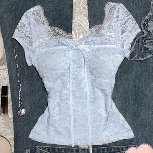 夏薄荷曼波古着蕾丝蝴蝶结法式短袖T恤显瘦夏季新款辣妹修身上衣