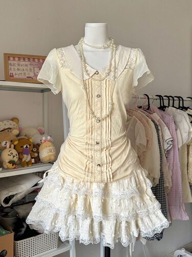 馥郁莉莉塔 夏季日系古早vintage蕾丝花边衬衫蓬蓬短裙显瘦两件套