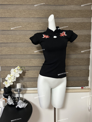 现货 vintage复古新中式国风盘扣锦鲤刺绣立领女夏修身显瘦高弹