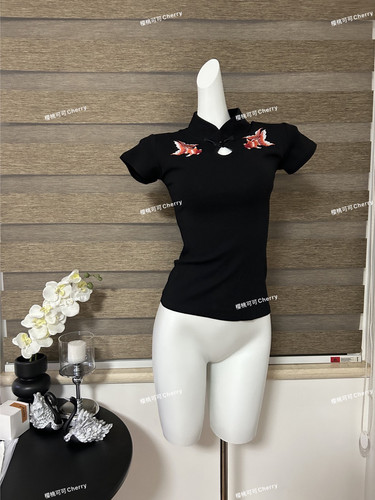 现货 vintage复古新中式国风盘扣锦鲤刺绣立领女夏修身显瘦高弹