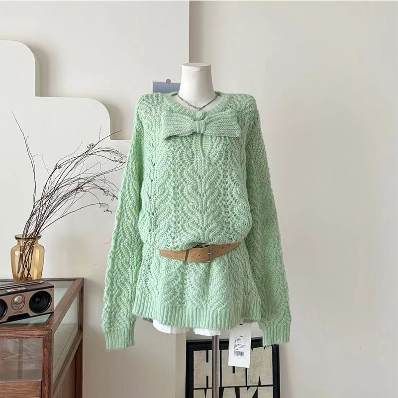镂空绿色蝴蝶结粗线长袖秋季套头毛衣新款宽松毛衣慵懒针织衫上衣