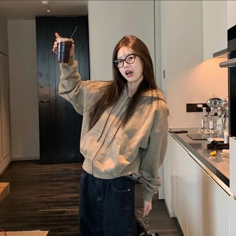 美式时尚拉链连帽长袖卫衣女秋冬季新款洋气独特别致慵懒宽松外套