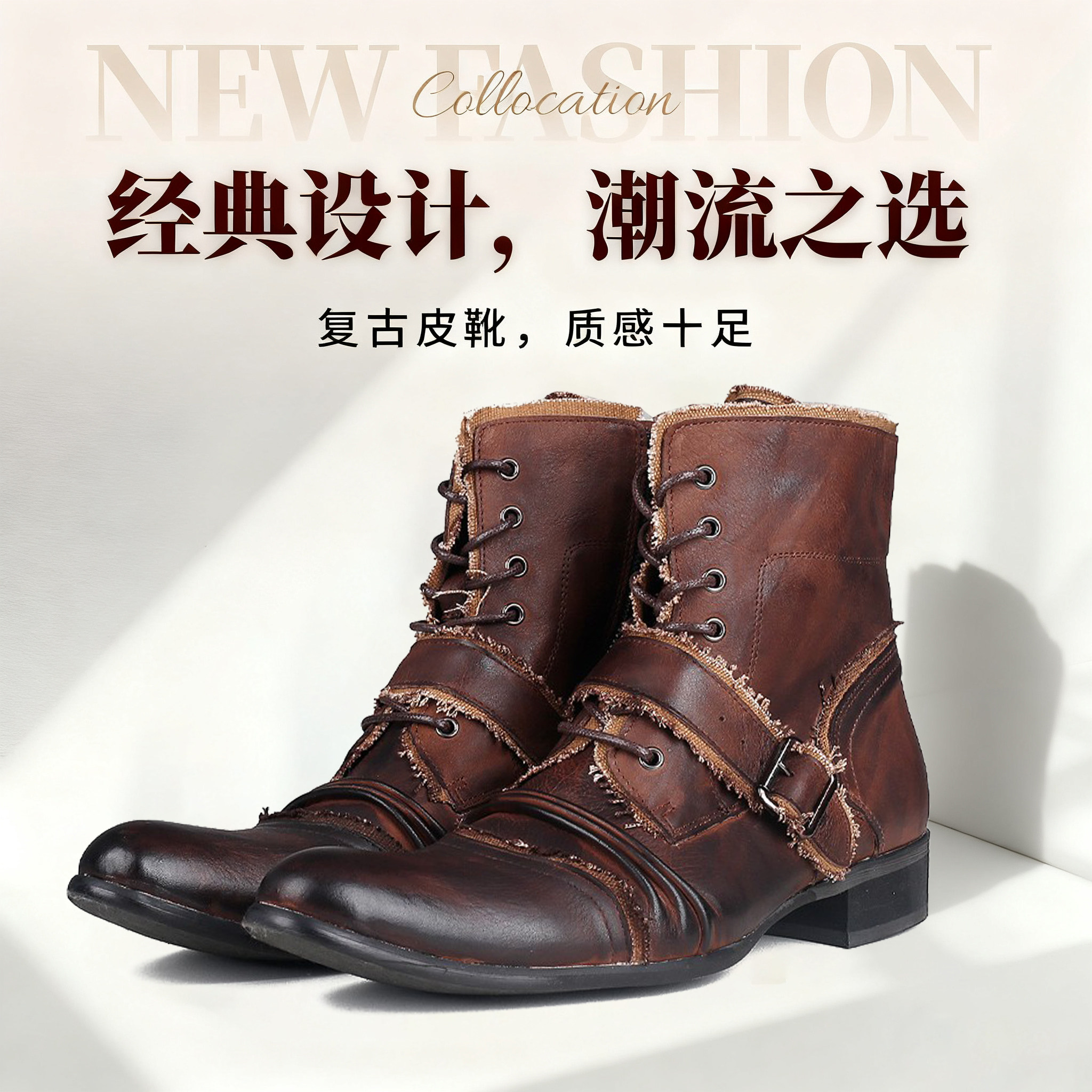 英伦风皮鞋切尔西男复古外贸拉链系带机车靴美式牛仔靴潮流马丁靴