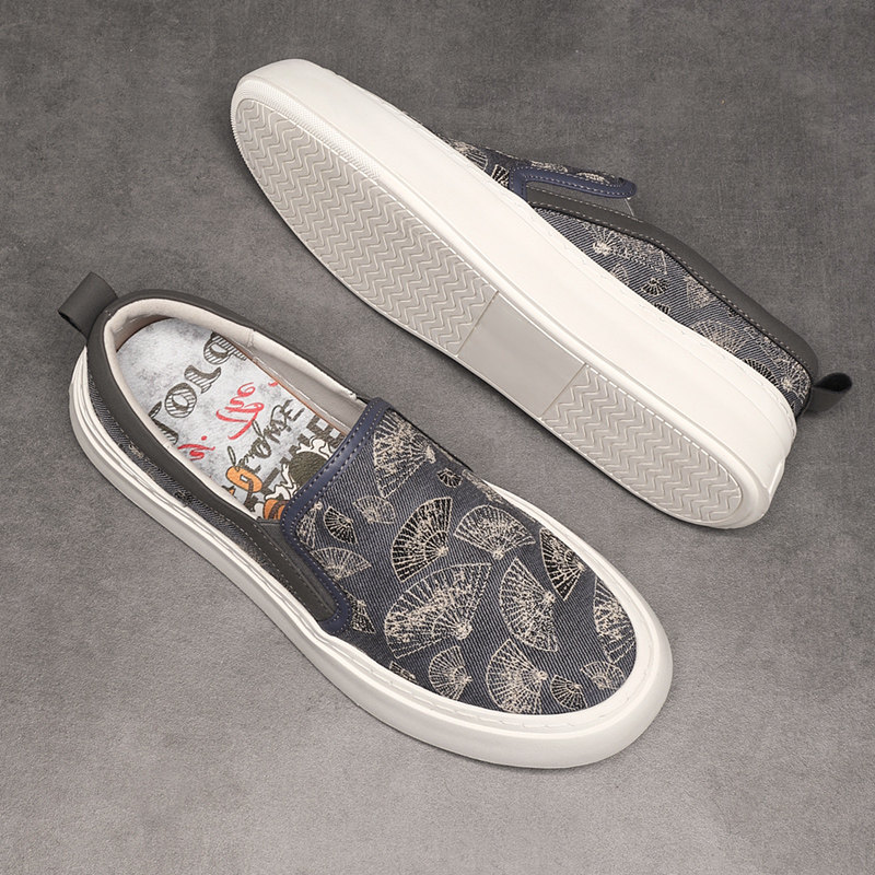 夏季2026新款帆布鞋男款透气韩版潮流百搭一脚蹬休闲鞋印花乐福鞋