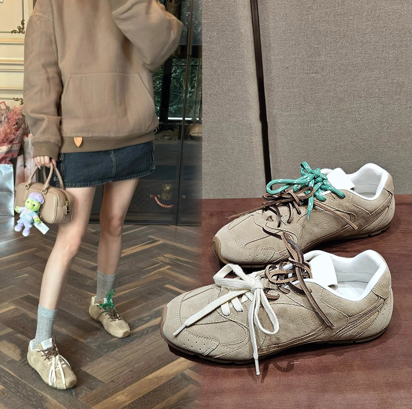 明星同款复古拼色德训鞋女新款联名真皮透气运动鞋休闲系带阿甘鞋