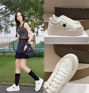 D家真皮厚底星星小白鞋女潮牌系带增高板鞋休闲拼色松糕老爹鞋