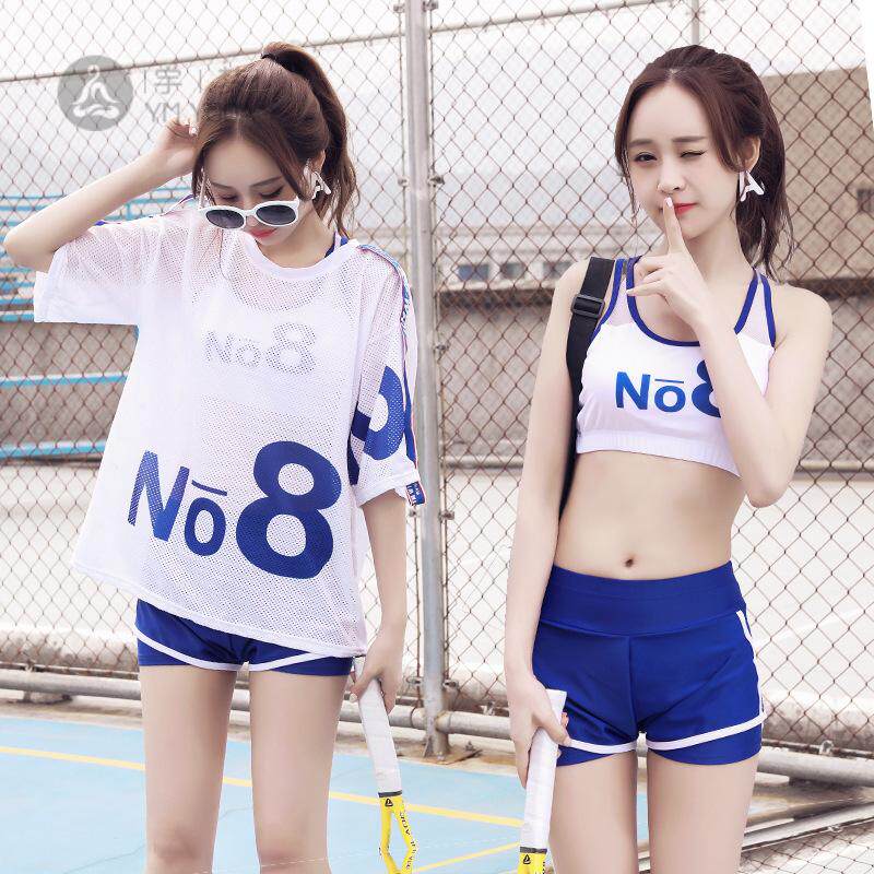 2025新款三件套游泳衣女温泉分体泳装运动风平角网纱保守