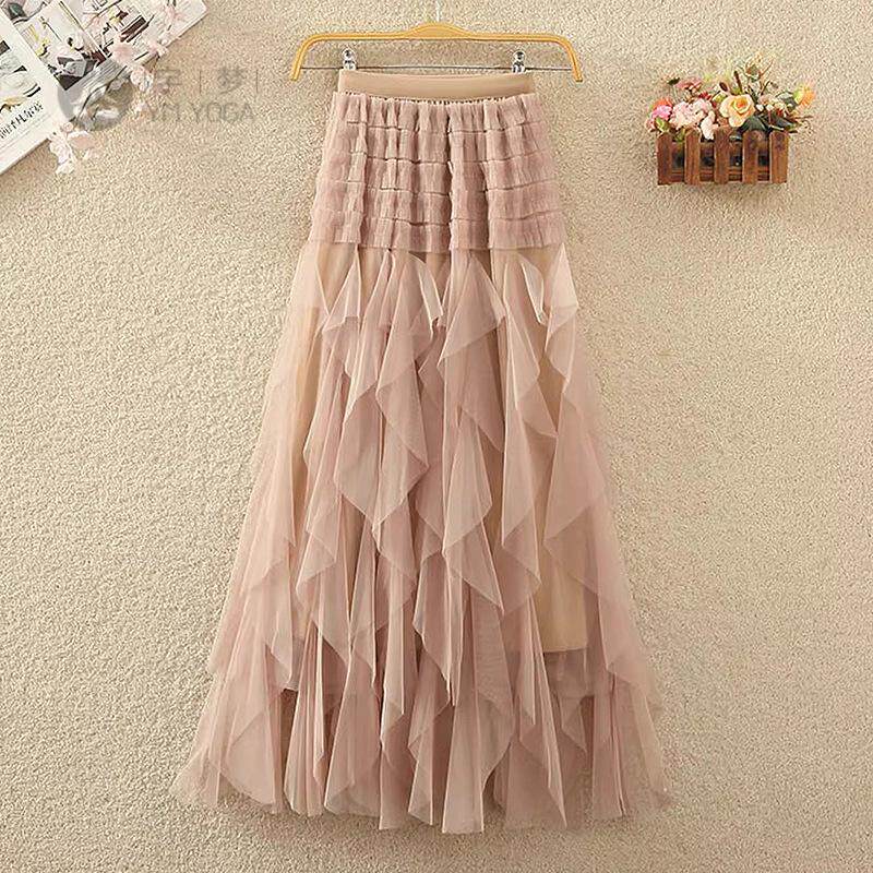 不规则裙摆网纱裙大码女装中长款高腰A字蛋糕裙加肥仙女半身裙