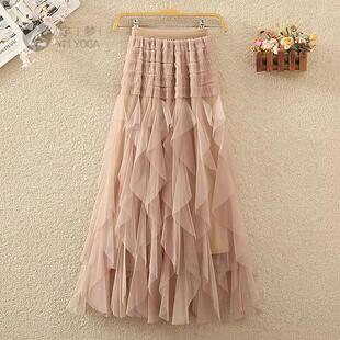 不规则裙摆网纱裙大码女装中长款高腰A字蛋糕裙加肥仙女半身裙
