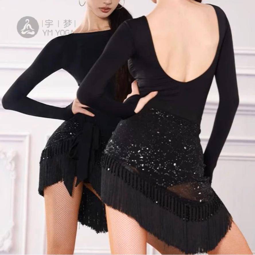 拉丁舞露背长袖训练服女成人摩登