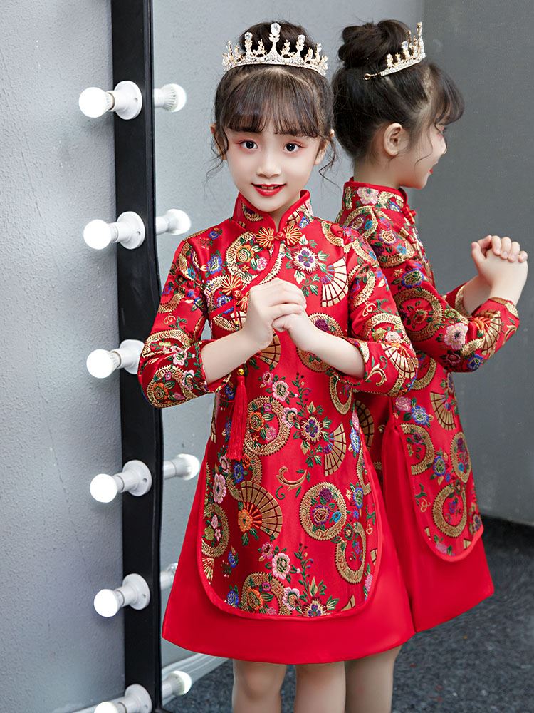 儿童旗袍新年加厚中国风女宝宝汉服过年衣服冬女童唐装拜年服冬季