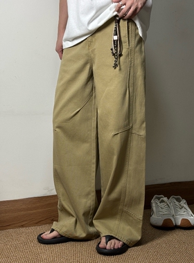 CROW【水洗做旧轻解构】复古阔腿工装裤男宽松直筒卡其色休闲长裤