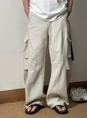 CROW【多口袋解构设计】纯棉工装裤男褶皱阔腿裤宽松直筒休闲长裤