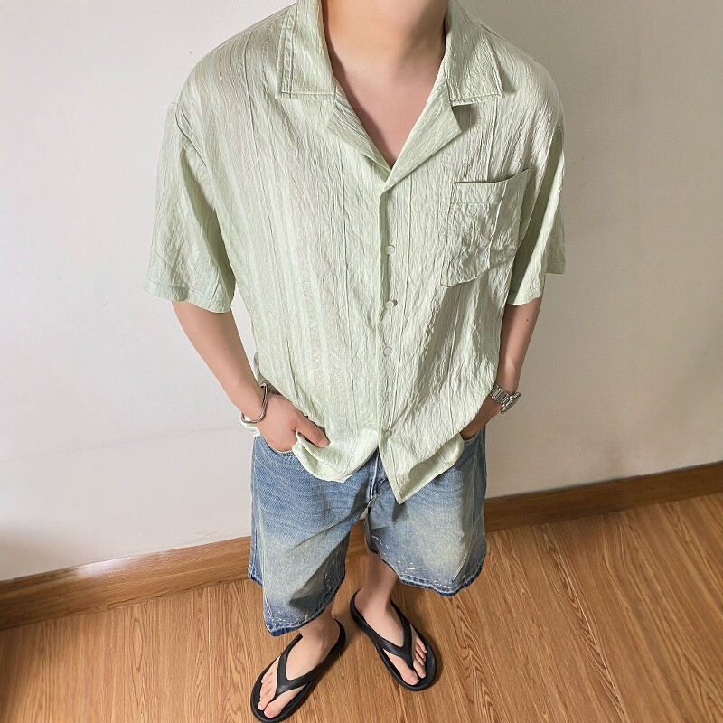SAMS「高品质薄荷绿」纯色短袖衬衫男生2025新款夏季百搭宽松上衣图片