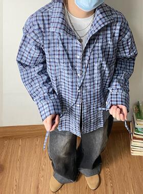SAMS【高领设计】蓝色格子长袖衬衫男设计感痞帅衬衣外套宽松休闲