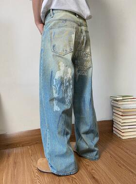 SAMS【泼墨涂鸦喷绘印花】美式复古直筒牛仔裤cleanfit做旧阔腿裤