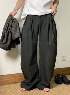 SMAS「老钱风打褶设计」深灰色阔腿西裤男宽松高级长裤垂感休闲裤