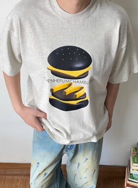 SAMS美式汉堡印花短袖T恤男宽松夏季ins韩版潮牌创意设计感半袖潮