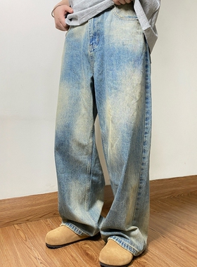 SAMS「做旧水洗扎染」 美式复古vintage直筒牛仔裤男女宽松阔腿裤