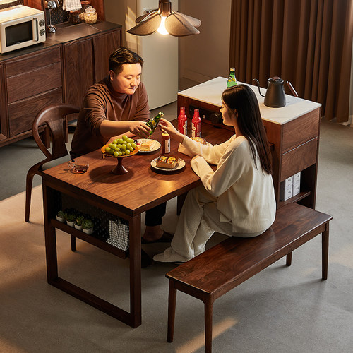 黑胡桃木岛台餐桌一体化