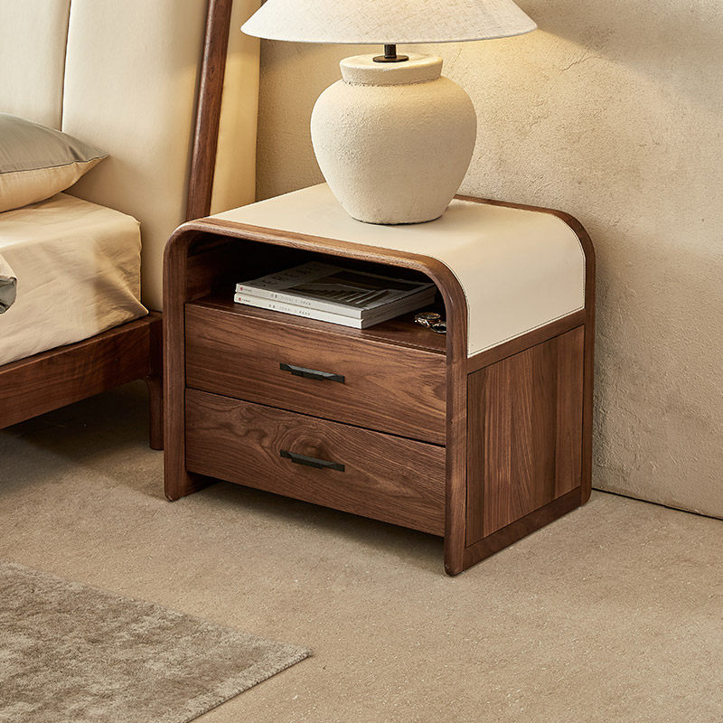 水墨兰亭全实木床头柜意式卧室北美黑胡桃木边柜马鞍皮饰面储物柜